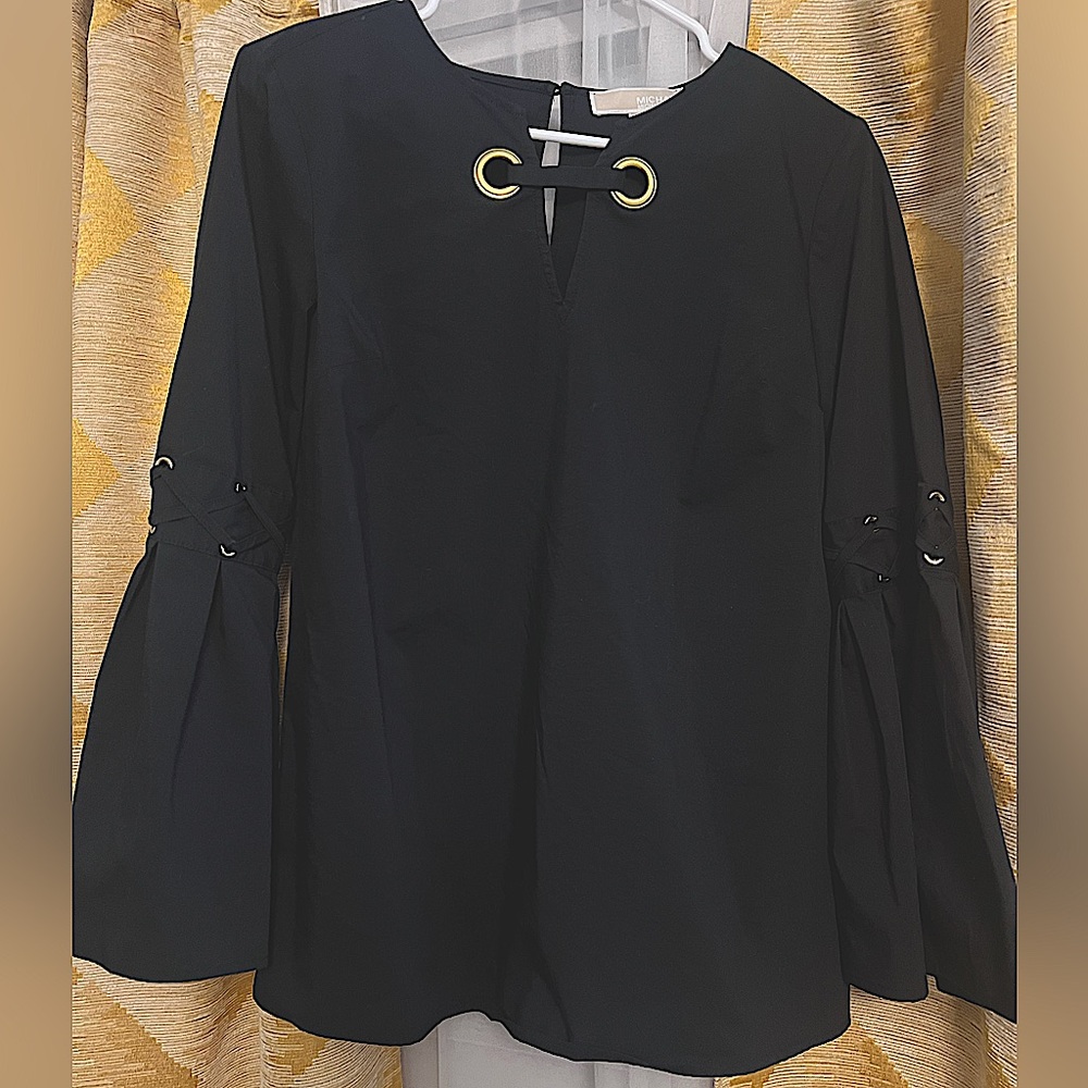 Michael Kors black long sleeve gold grommet top